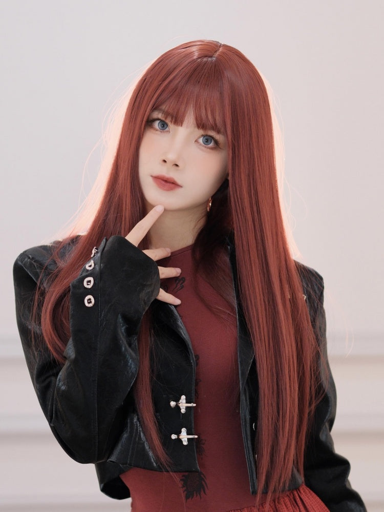 Wine Red Long Straight Synthetic Wig with Bangs