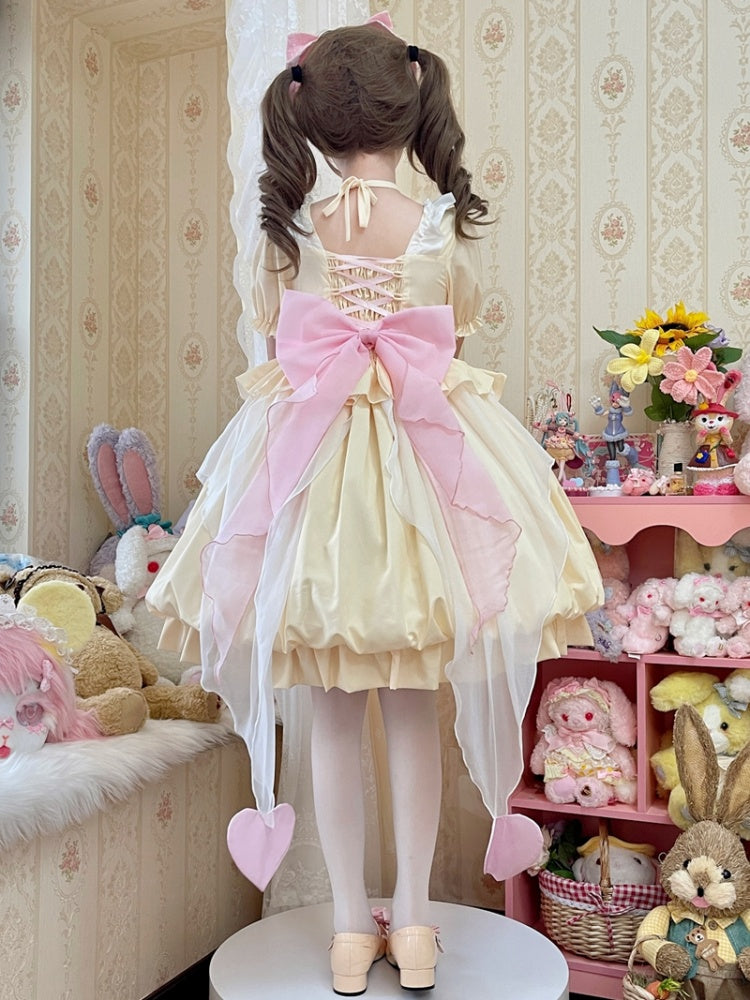 Yellow Square Neckline Heart Embroidery One Piece