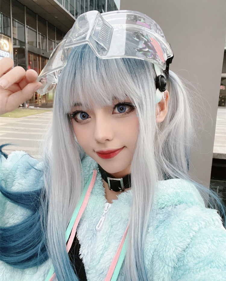 Long Straight Light Blue Ombre Hair Wig