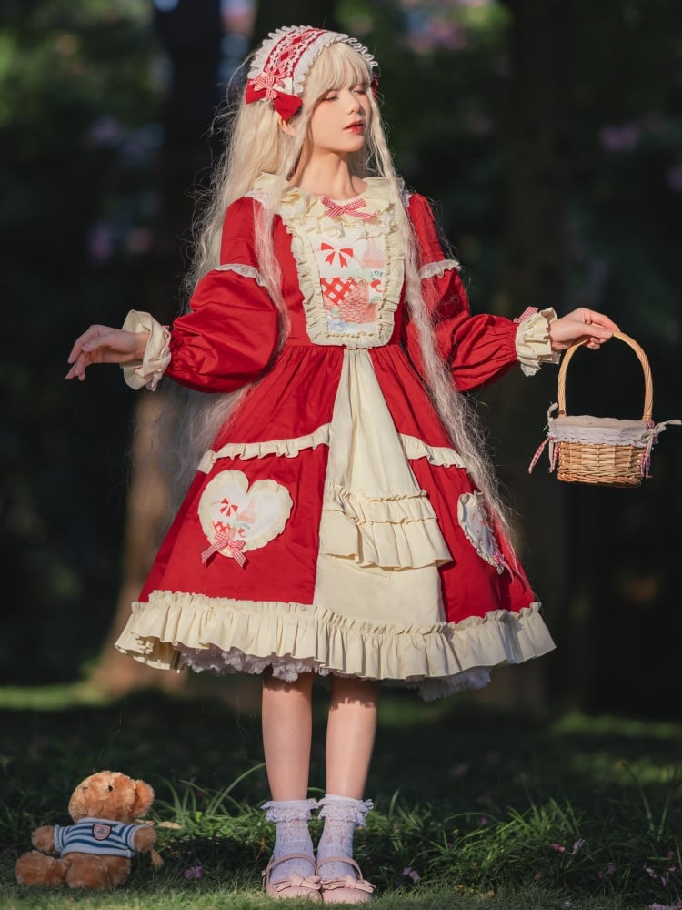 Red Picnic Basket Print Cottagecore Country One Piece - Sukuroi