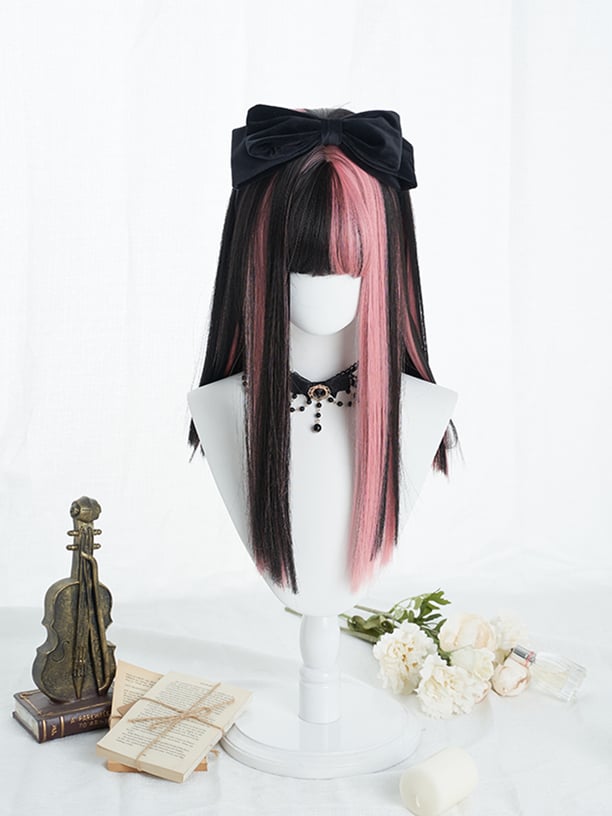 Pink Highlights Black Straight Medium Synthetic Wig