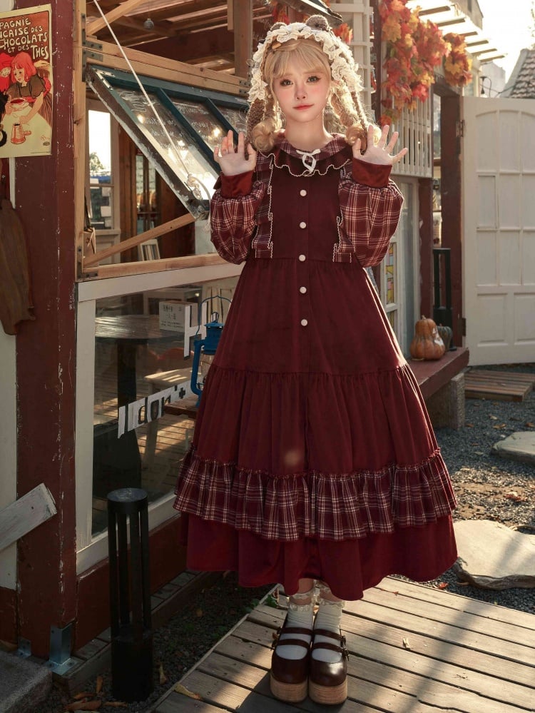 Red Plaid Pattern Christmas Winter Dress Removable Bowknots One Piece