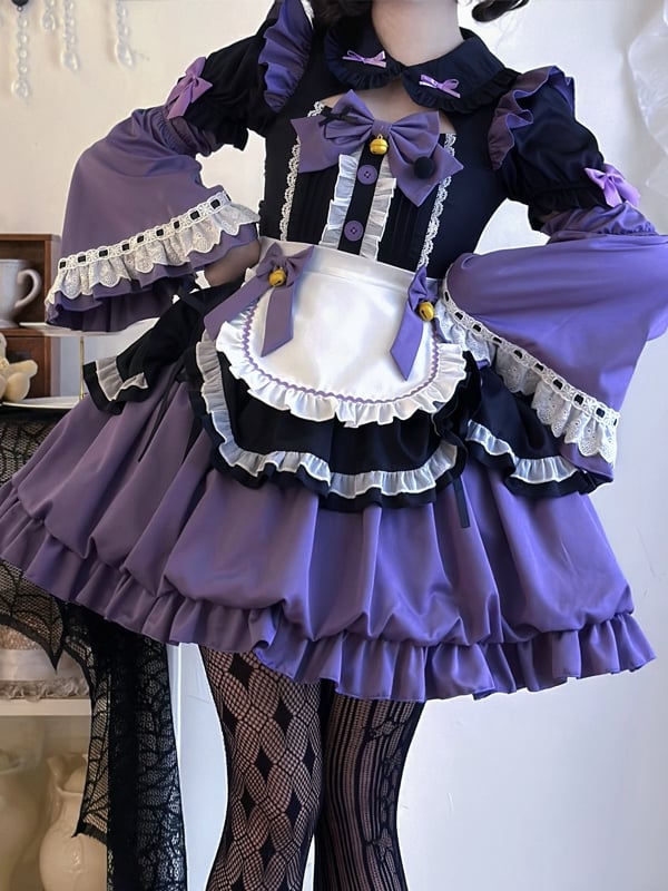 Purple and Black Peter Pan Collar Maid One Piece with Sleeves and Apron