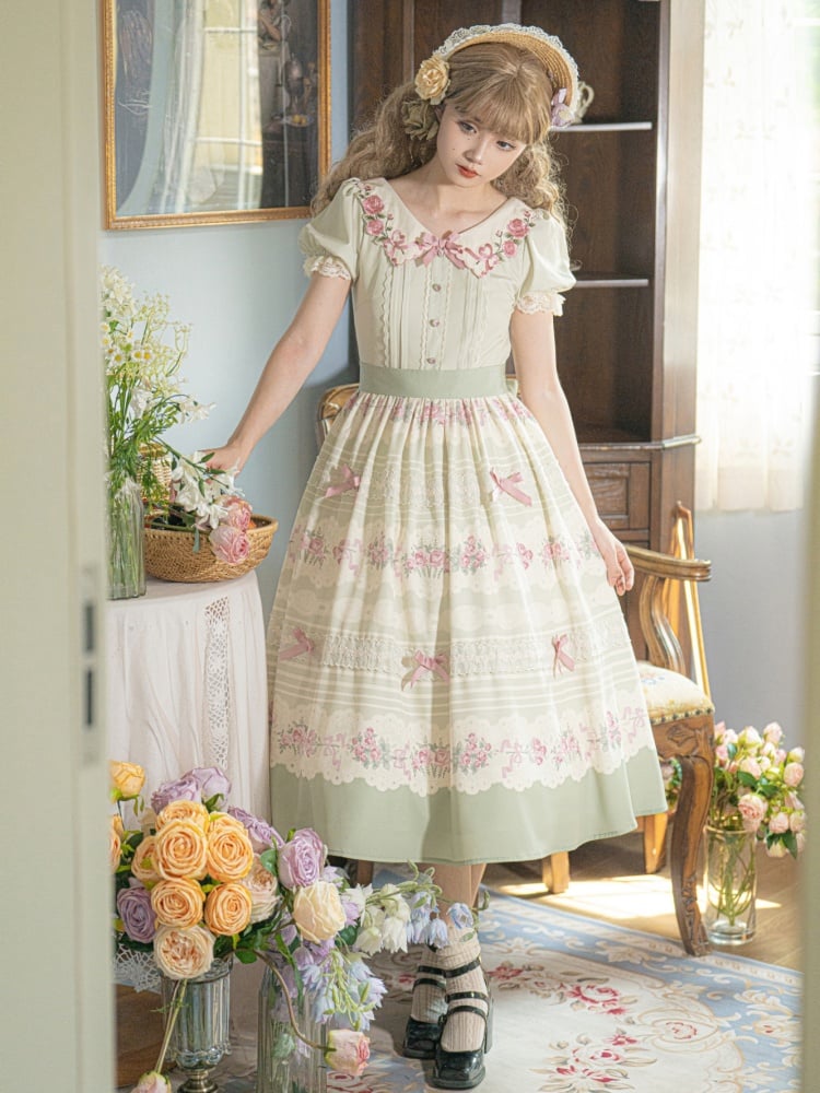 Rose Embroidery Collar Green and Pink Floral Dress One Piece