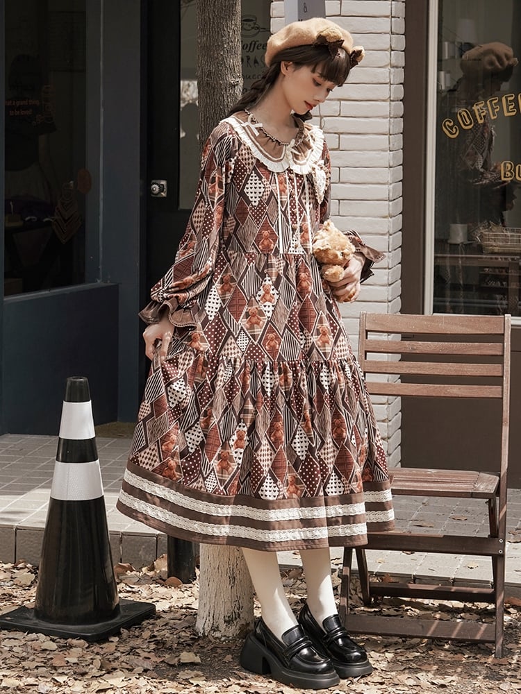 Teddy Diamond Pattern Print Brown Dress for Autumn and Winter