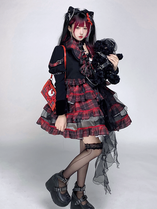 Rock Kitty Tiered Skirt Punk Jumper Skirt / Lapel Collar Jacket Full Set