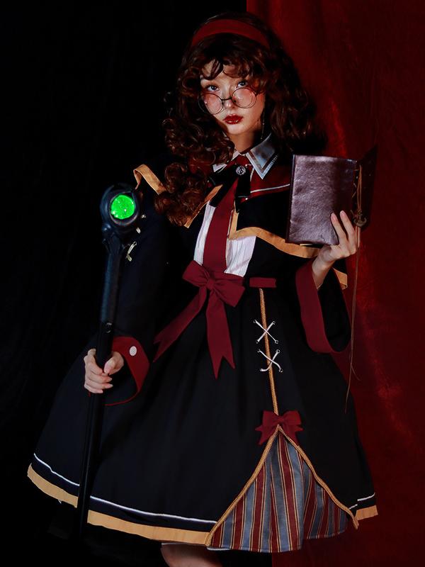 Harry Potter Gryffindor Inspired Halloween Outfits Full Set-Black One Piece+Cape+Bow Tie and Red Tie