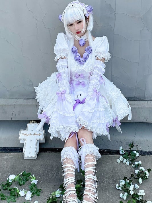 White Twins Short Puff Sleeves A-line Skirt Gothic One Piece Full Set