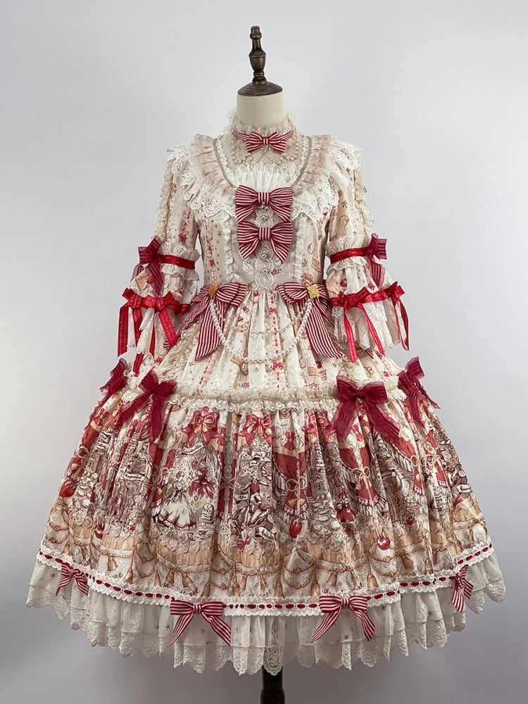 Ivory Fairy Tales Print Bowknot Details Lace Trim Long Sleeves One Piece