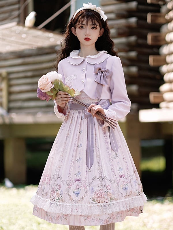 Tracery Wall Square Neckline Floral Jumper Skirt / Jacket Set