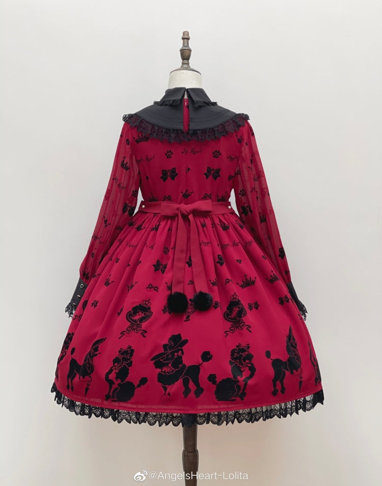 Red Cute Poodle Print Bowknot Details Lace Trim Long Sleeves One Piece