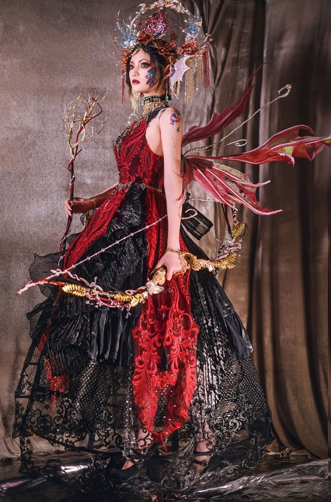 Black and Red Gorgeous Jumper Skirt Sweetheart Neckline Gothic Dress Full Set