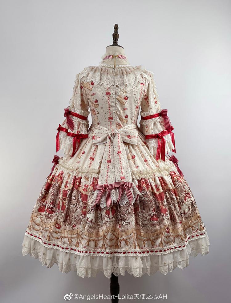 Ivory Fairy Tales Print Bowknot Details Lace Trim Long Sleeves One Piece