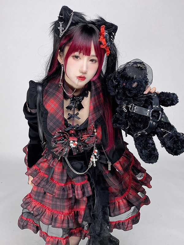 Rock Kitty Tiered Skirt Punk Jumper Skirt / Lapel Collar Jacket Full Set