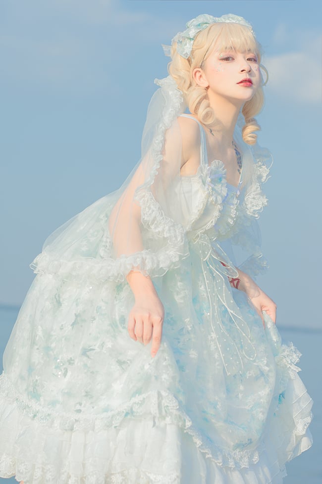 Tears of Aquamarine Mermaid Back Shirring Lace Ruffle Hemline JSK
