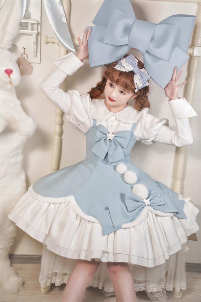 Winter Fairy Tale White and Blue Pompons Bowknot Details Jumper Skirt