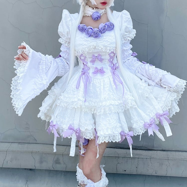 White Twins Short Puff Sleeves A-line Skirt Gothic One Piece Full Set
