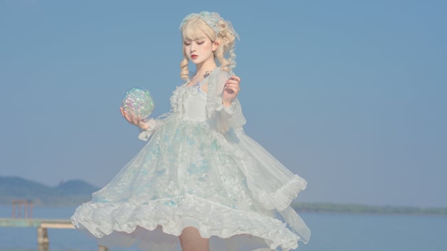 Tears of Aquamarine Mermaid Back Shirring Lace Ruffle Hemline JSK