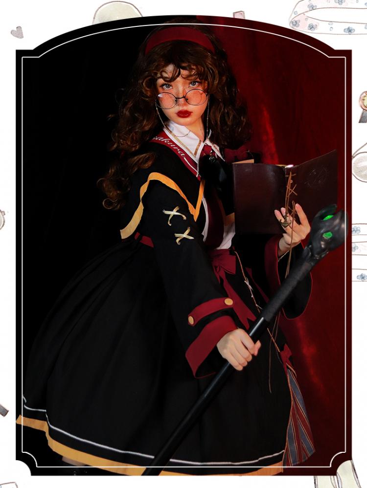 Harry Potter Gryffindor Inspired Halloween Outfits Full Set-Black One Piece+Cape+Bow Tie and Red Tie