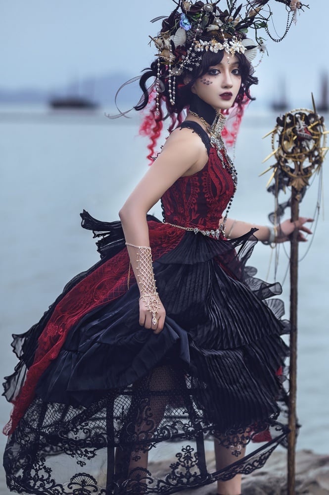 Black and Red Gorgeous Jumper Skirt Sweetheart Neckline Gothic Dress Full Set
