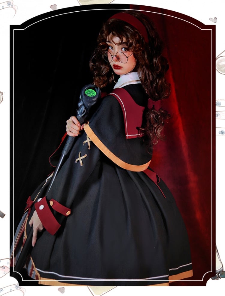 Harry Potter Gryffindor Inspired Halloween Outfits Full Set-Black One Piece+Cape+Bow Tie and Red Tie