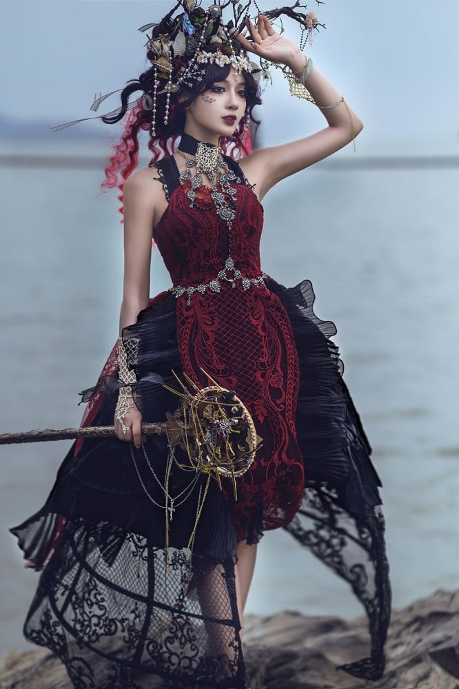 Black and Red Gorgeous Jumper Skirt Sweetheart Neckline Gothic Dress Full Set