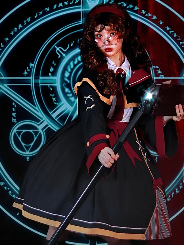 Harry Potter Gryffindor Inspired Halloween Outfits Full Set-Black One Piece+Cape+Bow Tie and Red Tie