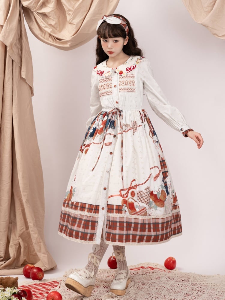 White Apple and Plaid Print Front Button Placket Autumn One Piece
