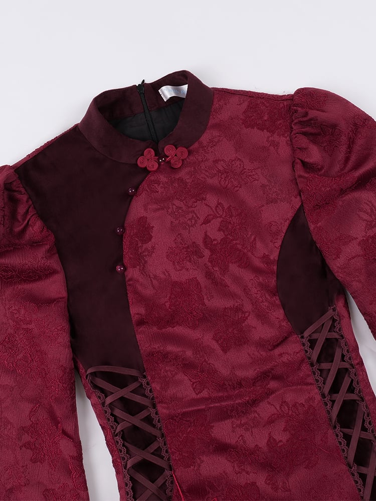 Red Layered Flounce Hemline New Year Winter Qipao - Sukuroi