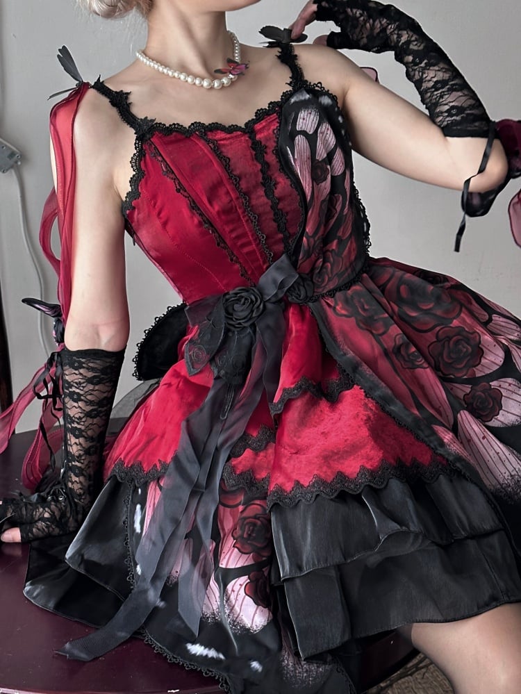 Wine Red Butterfly Jumper Skirt Gothic Princess Dress with Butterfly Train