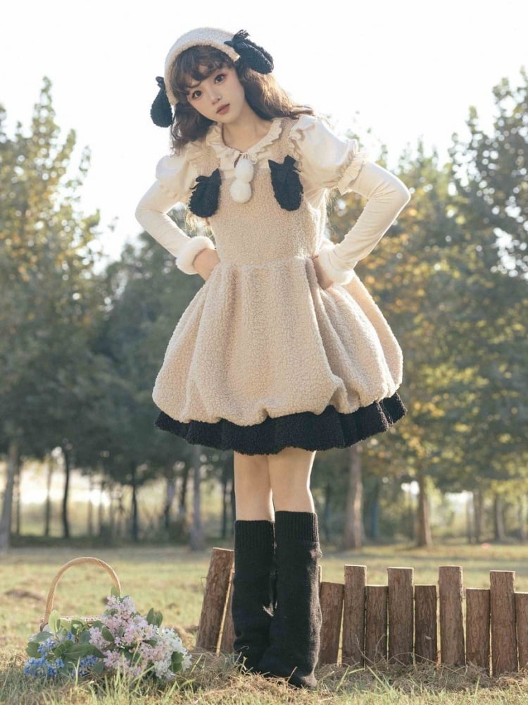 Winter Fleece Bubble Jumper Skirt Detachable Plush Lamb Ears