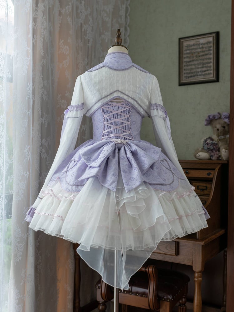 White and Purple Knot Button Jumper Skirt Full Set - Sukuroi