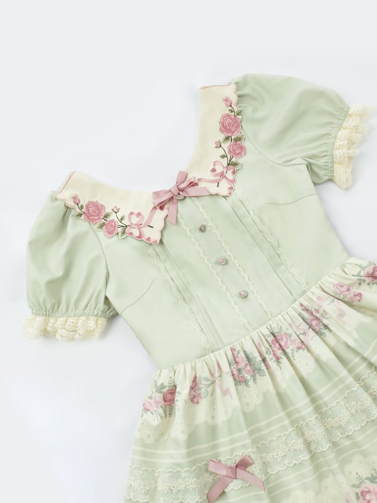 Rose Embroidery Collar Green and Pink Floral Dress One Piece