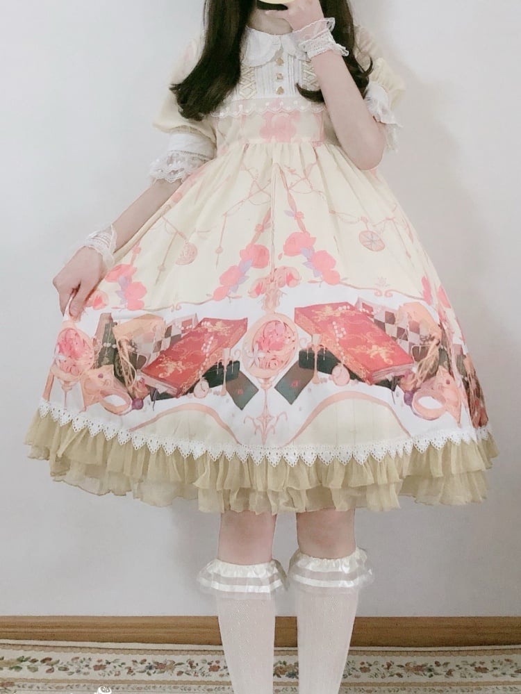 Model in a beige dress featuring a colorful clocks print