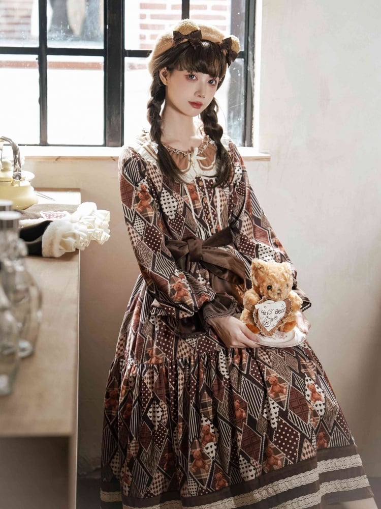 Teddy Diamond Pattern Print Brown Dress for Autumn and Winter