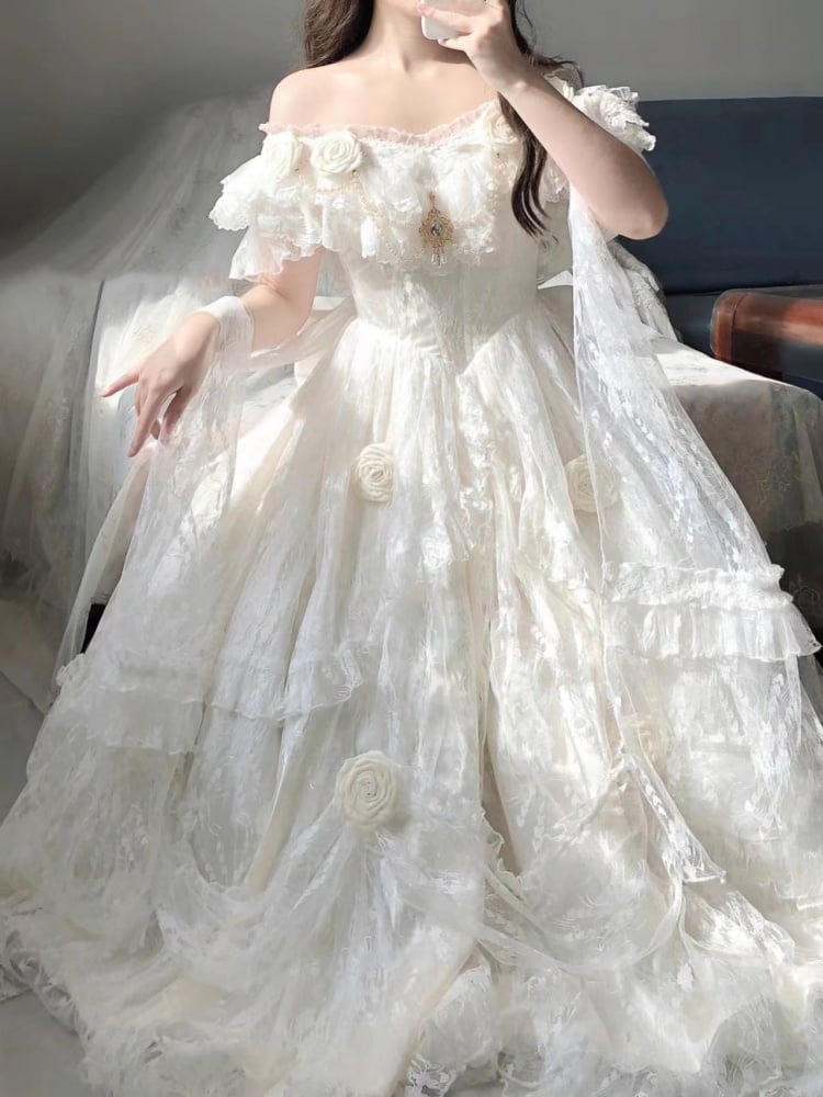 White Princess Lace Dress Floral and Bead Chain Details One Piece - Sukuroi