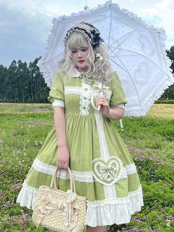 Plus Size Friendly Green Old School One Piece Puff Sleeves Dress