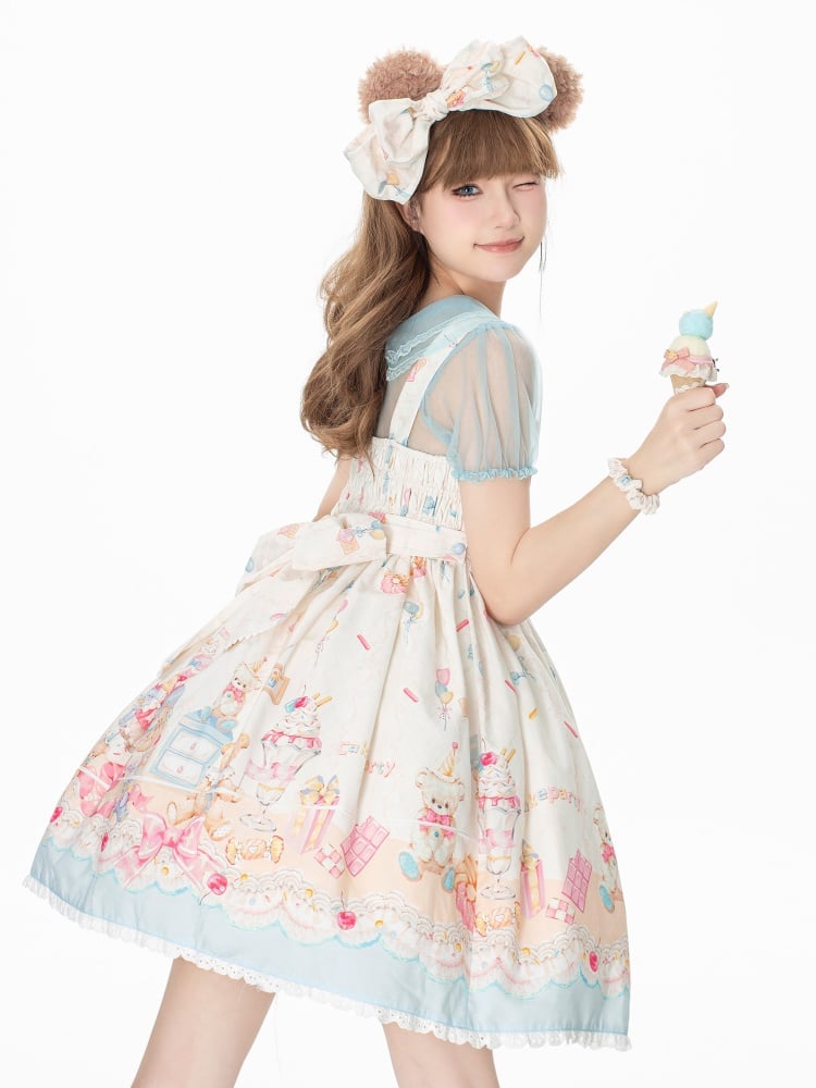 Sweet Teddy and Dessert Print High Waist Jumper Skirt