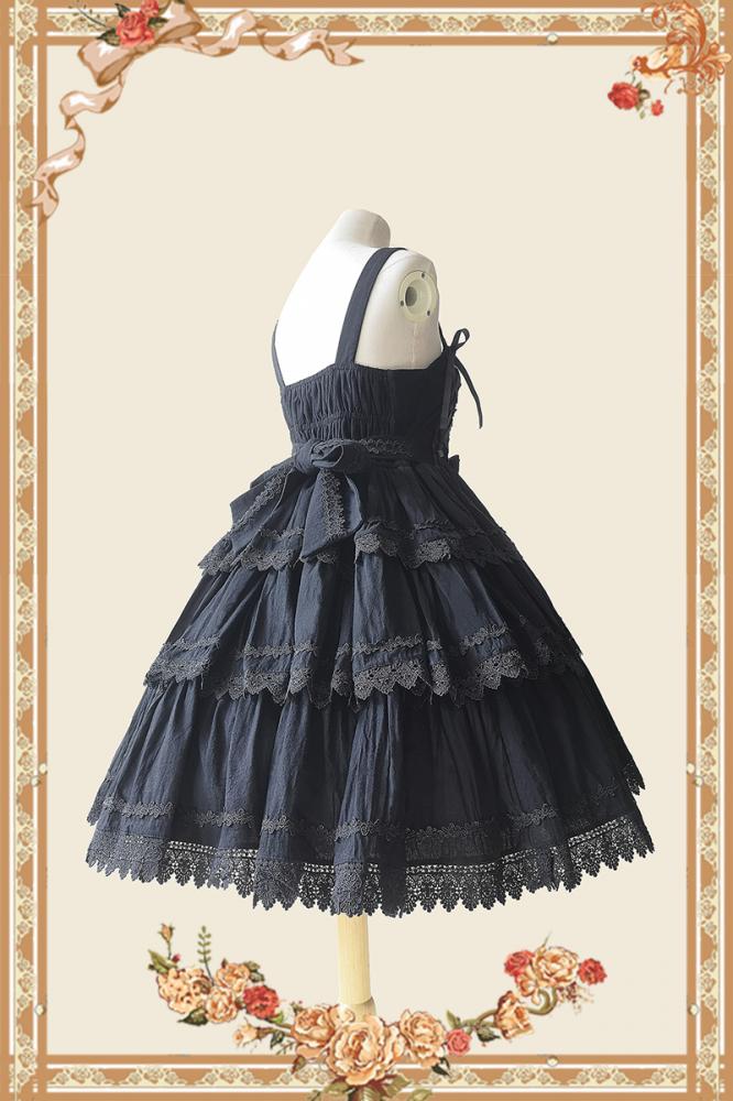 Side Angle of Black Cake Tree Tiered Flounce Skirt with Lace Layers