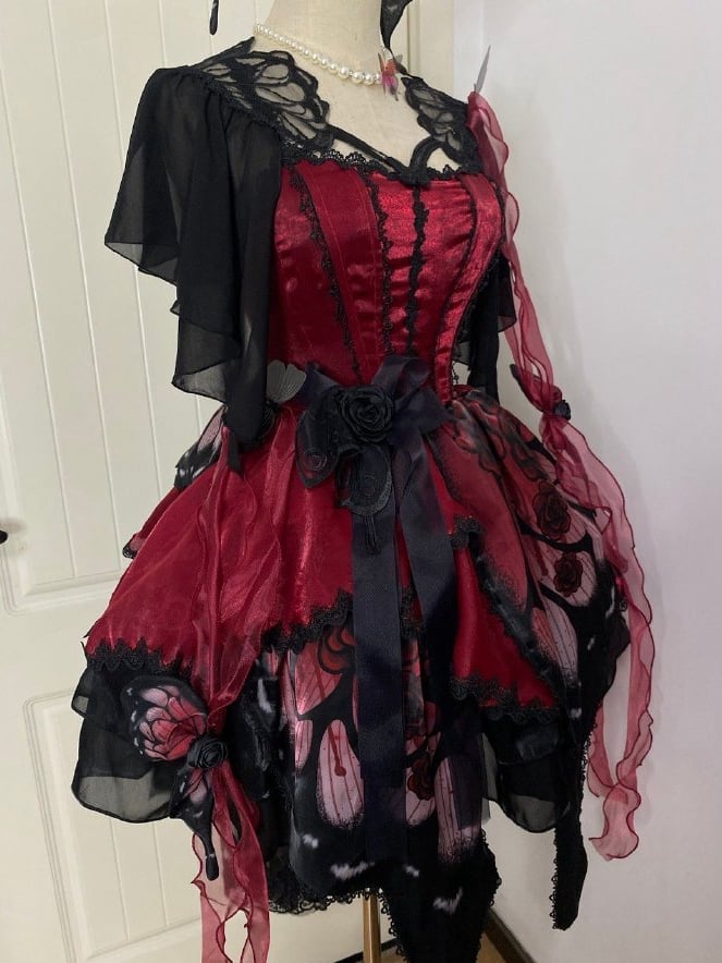 Wine Red Butterfly Jumper Skirt Gothic Princess Dress with Butterfly Train