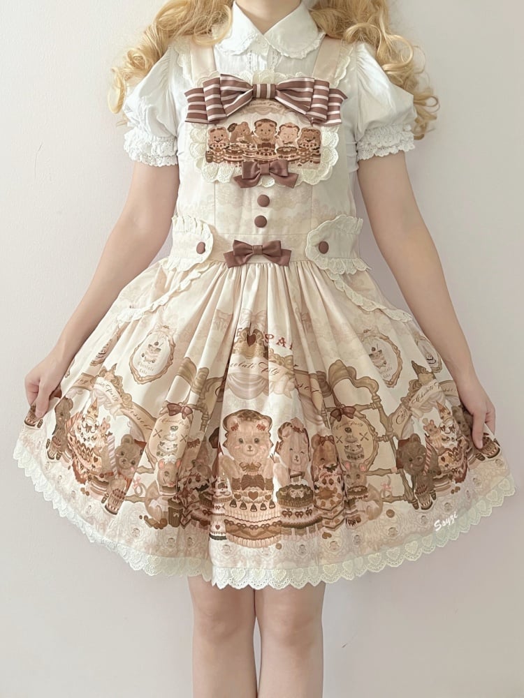 Sweet Brown Teddy Bears Print Overalls