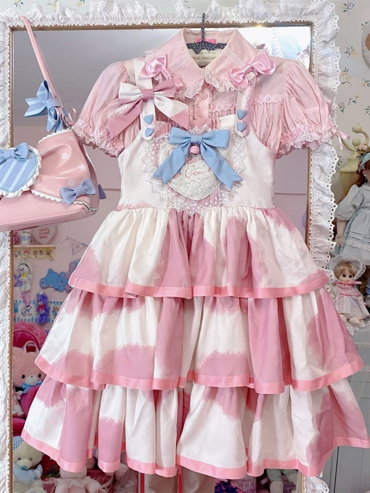 Small Milk Cake 4 Colors Square Neckline Tiered Skirt Sweet Jumper Skirt