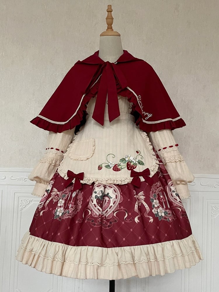 Strawberry Daily Peter Pan Collar Long Sleeves Sweet One Piece and Cape Set