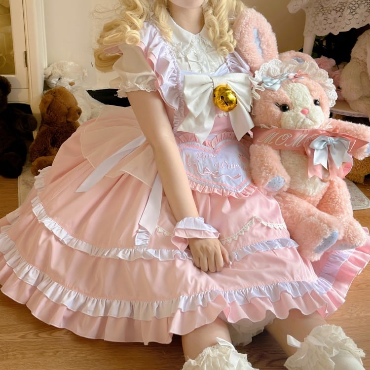 Pink High Waist Jumper Skirt with Heart Apron and Wristcuffs