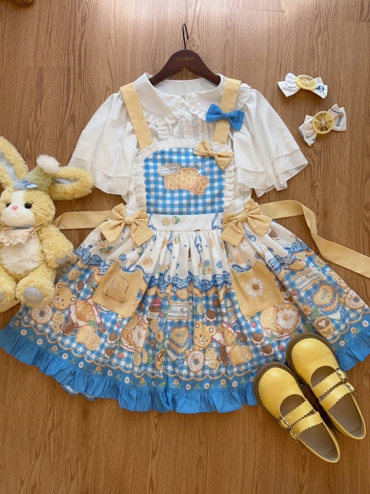 Yellow and Blue Gingham Pattern Sweet Dessert Print Overalls