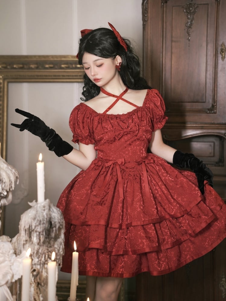 Red Basque Waist Party Dress Tiered Ruffle Hemline One Piece