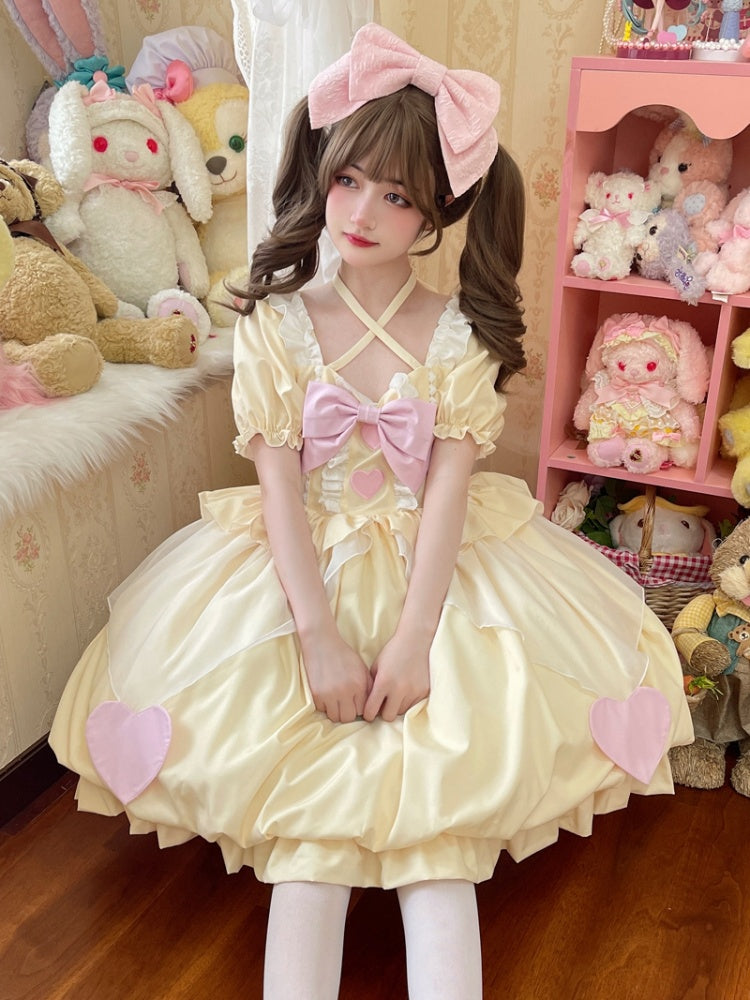 Yellow Square Neckline Heart Embroidery One Piece