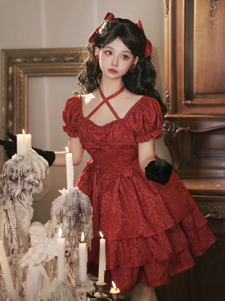 Red Basque Waist Party Dress Tiered Ruffle Hemline One Piece