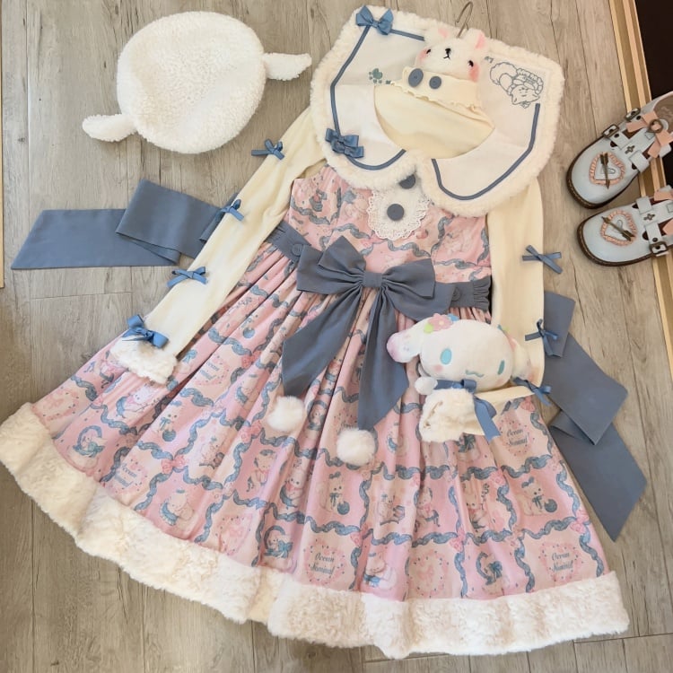 Kitty Embroidery Collar Sweet Pink and Blue Winter Jumper Skirt - Sukuroi
