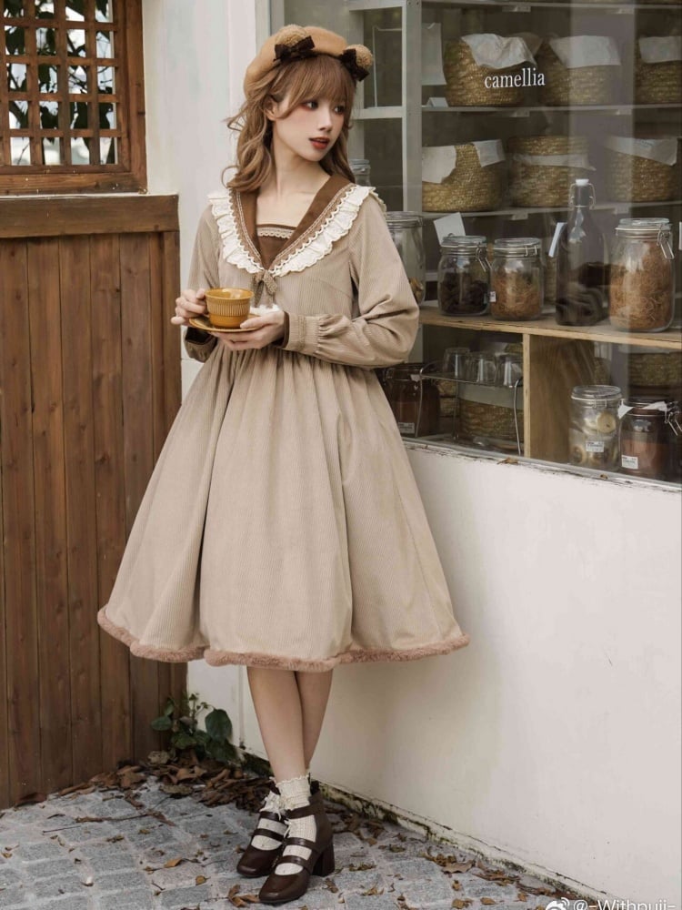 Khaki Sailor Collar Autumn and Winter Dress One Piece